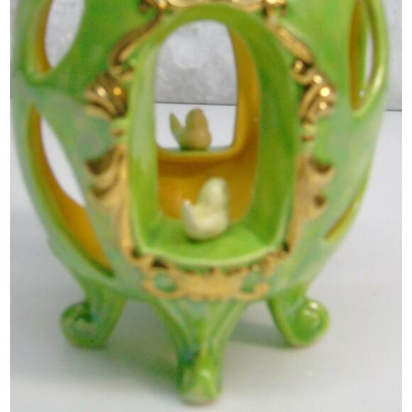 Arnel Easter Egg Canister & Lid Footed Green Gold Bow Bird Candle Holder Figure - Picture 2 of 8